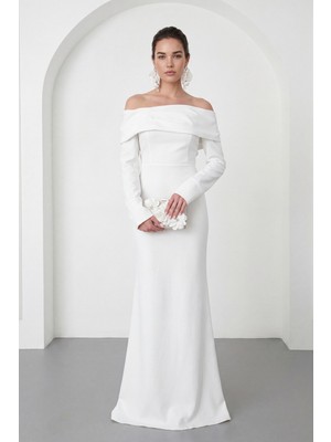 Lafaba Kadın Beyaz Kayık Yaka Uzun Kol Söz Nişan Nikah Abiye Elbise