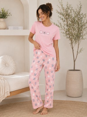 Wordex Mirano 4102 Yıldız Desenli Kısa Kollu Pamuklu Kadın Pijama Takımı