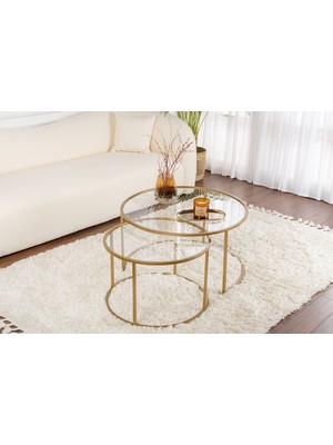 Rani Home Orta Sehpa Ikili Set Gold Metal Ayaklı Düz Cam AB-5386