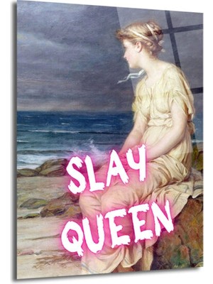 GLAZELLA Slay Queen Neon Pembe Yazılı Klasik Sanat Cam Tablo