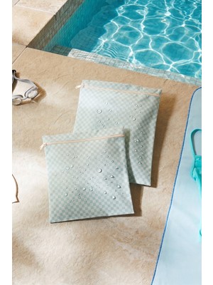 Ocean Home Textile 2 Adet Su Geçirmez Pvc Astarlı Mint Dama Desen Mayo Islak Kuru Kirli Temiz Çamaşır Çantası