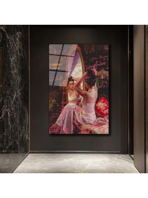 GLAZELLA Aynadaki Sır: Pembe Yazılı Sanat Kadın Portresi Cam Tablo