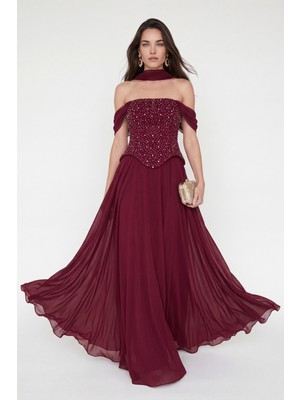 Lafaba Kadın Bordo Şal Yaka Peplum Detay Uzun Şifon Abiye Elbise