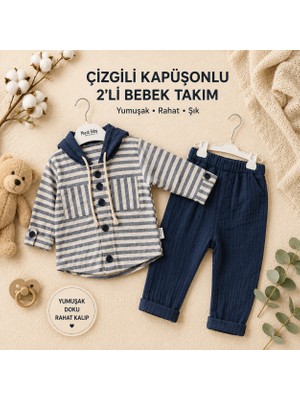 Erkek Bebek Kapüşonlu Müslin Takım - Çizgili Gömlek ve Pantolon Seti