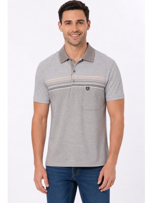 Bihan Store Erkek Dijital Desen  Çizgili Polo Yaka Cepli Tişört – Yazlık Pamuklu Polo Tişört 3150/ P-00006807 Bej