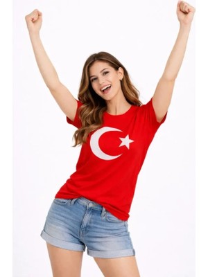 Etiler Collection T-Shirt Kısa Kol Bisiklet Yaka Ay Yıldız Bayrak Baskılı Tişört - Kırmızı