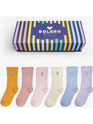 Bolero Kadın Papatya Nakışlı Fırfırlı Çok Renkli Çorap 6'lı Set Yumuşak Pamuklu Konfor