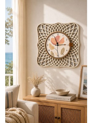 Home İnn Çiçek Desenli Beyaz Model Duvar Saati 43 cm | Bohem Dekoratif Duvar Saati | Rustik Salon, Antre ve Oturma Odası Saati