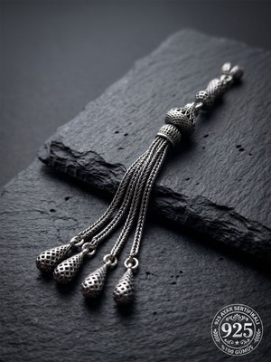 Roza Silver 925 Ayar Gümüş Otantik Işleme Kubbe Payre 4lü Zincir Tesbih Püskülü