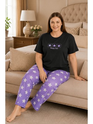 Ebru Tesettür Desenli Büyük Beden Pijama Takımı Lacivert