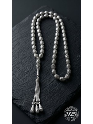 Roza Silver 925 Ayar Oval Kesim 3 Kamçılı Püskül Orta Boy Zırh Örgü Desenli Otantik Gümüş Tesbih 17,5gr
