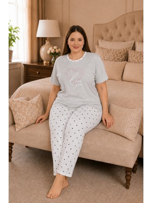 Ebru Tesettür Desenli Büyük Beden Pijama Takımı Açık Gri