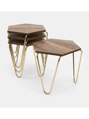 EviModa Modern Altıgen 4'lü Zigon Sehpa Seti - Ceviz Ahşap
