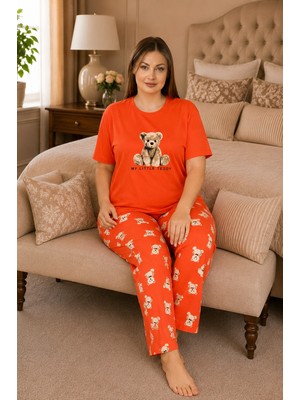 Ebru Tesettür Desenli Büyük Beden Pijama Takımı Turuncu