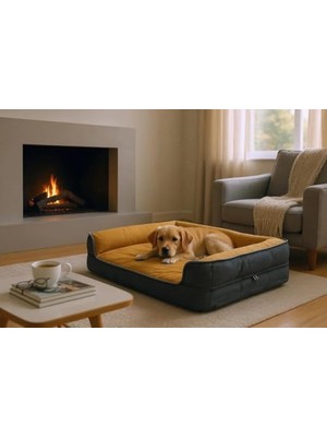 Die Grup Premium Sofa Blok Sungerli Alezli Fermuarlı Yıkanabilir Köpek Yatağı-S-Hardalsiyah (Large)