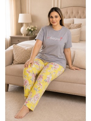 Ebru Tesettür Desenli Büyük Beden Pijama Takımı Gri