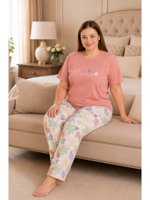 Ebru Tesettür Desenli Büyük Beden Pijama Takımı Koyu Pudra