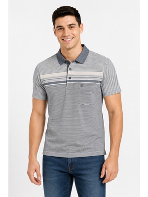 Bihan Store Erkek Dijital Desen  Çizgili Polo Yaka Cepli Tişört – Yazlık Pamuklu Polo Tişört 3150/ P-00006807 Gri
