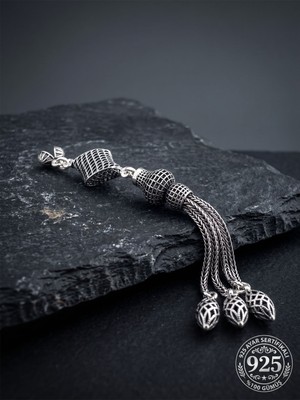 Roza Silver 925 Ayar Gümüş Otantik Işleme Burgu Karo Kafes 3lü Zincir Tesbih Püskülü