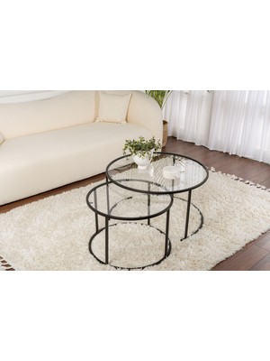 Rani Home Orta Sehpa Ikili Set Siyah Metal Ayaklı Düz Cam AB-5385