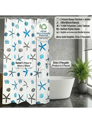 Hanedanev Çift Kanatlı Banyo Perdesi, Desenli Duş Perdesi, Küvet Perdesi, Halkalı 2 Adet 90X180 cm