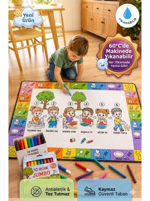 Nizal Home Eğitici Yıkanabilir Tekrar Boyanabilir Çocuk Odası Oyun Matı Boyama Halısı Boya Kalem Seti Hediye