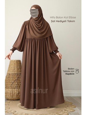 Asilnur Hifa Balon Kol Elbise Şal Hediyeli Takım Camel