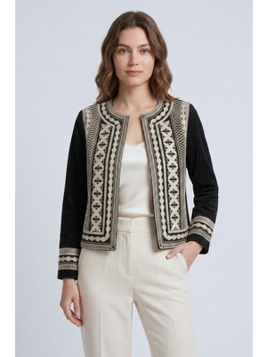 Saade Siyah Kadın Oversize Bisiklet Yaka Önü Açık Nakışlı Ince Gabardin Ceket