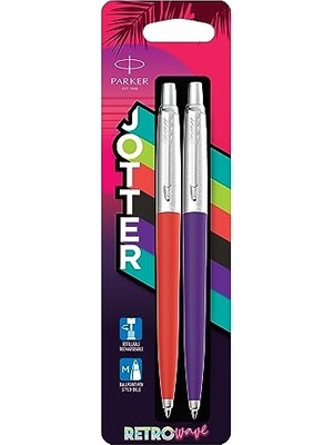 Die Grup Jotter Originals Tükenmez Kalemler | Retrowave Koleksiyonu | Vermilion Kırmızı ve Indigo Moru | Mavi Mürekkep | Orta Nokta | 2 Adet