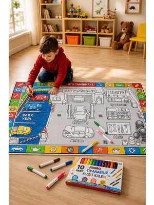 Nizal Home Eğitici Yıkanabilir Tekrar Boyanabilir Çocuk Odası Oyun Matı Boyama Halısı Boya Kalem Seti Hediye