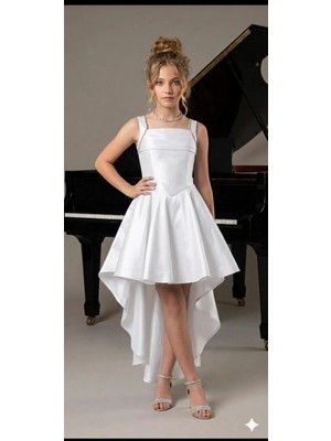 Butik Happy Kids Kız Çocuk Abiye  Krem Parlak Tafta Kuyruklu Abiye Elbise Gümüş Kordon Sırt Detaylı Abiye Elbise 10-15 Yaş