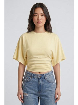 Saade Sarı Bisiklet Yaka Beli Büzgülü Yarasa Kollu Crop Bluz