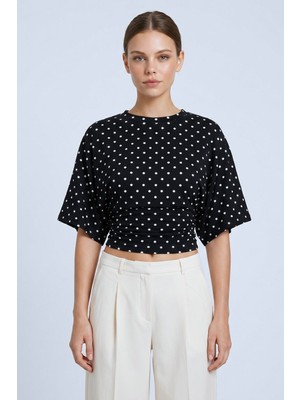 Saade Siyah Puantiyeli Bisiklet Yaka Beli Büzgülü Yarasa Kollu Crop Bluz