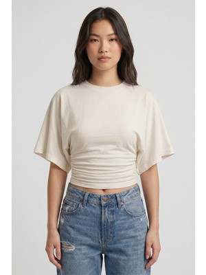 Saade Ekru Bisiklet Yaka Beli Büzgülü Yarasa Kollu Crop Bluz