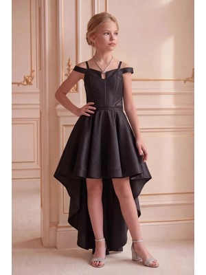 Butik Happy Kids Kız Çocuk Abiye Siyah  Tafta Kuyruklu Abiye Elbise Gümüş Kordon Kolye Detaylı Abiye  Elbise 10-15 Yaş