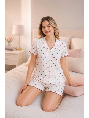 Ebru Tesettür Düğmeli Desenli Pijama Takımı Ekru