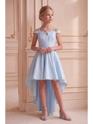Butik Happy Kids Kız Çocuk Abiye Bebe Mavi  Tafta Kuyruklu Abiye Elbise Gümüş Kordon Kolye Detaylı Abiye  Elbise 10-15 Yaş