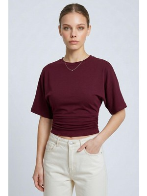 Saade Bordo Bisiklet Yaka Beli Büzgülü Yarasa Kollu Crop Bluz
