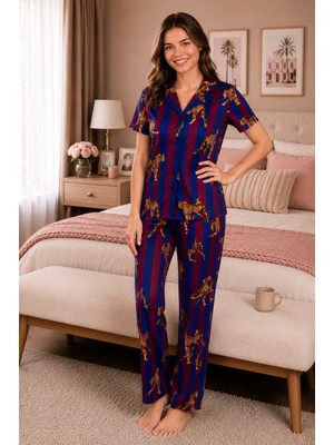 Ebru Tesettür Leopar Desen Düğmeli Pijama Takımı Indigo