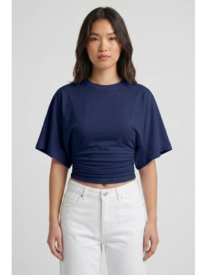 Saade Lacivert Bisiklet Yaka Beli Büzgülü Yarasa Kollu Crop Bluz