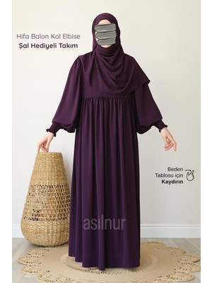 Asilnur Hifa Balon Kol Elbise Şal Hediyeli Takım Mürdüm