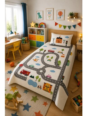 Evdek Bebek ve Çocuk Odası Road Town – Yol Tek Kişilik Pike Takımı 160X230 cm 6etd1