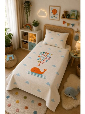 Evdek Bebek ve Çocuk Odası Alpha Whale – Alfabe Tek Kişilik Pike Takımı 160X230 cm 6ETD12