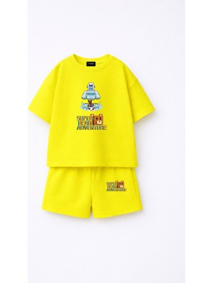 Fasardi Super Bear Adventure Süper Ayı Baskılı Oversize %100 Pamuk Tişört Şort 2li Çocuk Takım