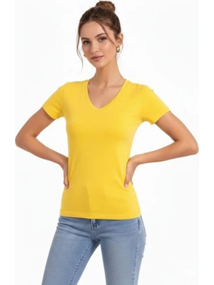 Etiler Collection T-Shirt V Yaka Slim Fit Likralı Tişört Günlük Basic Body - Sarı