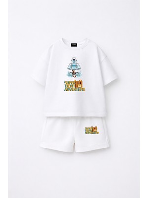 Fasardi Super Bear Adventure Süper Ayı Baskılı Oversize %100 Pamuk Tişört Şort 2li Çocuk Takım