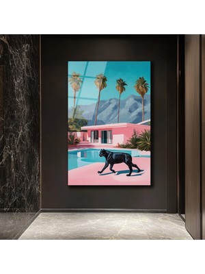 GLAZELLA Retro Pink Villa ve Kara Panter Cam Tablo - Modern Lüks Sanat