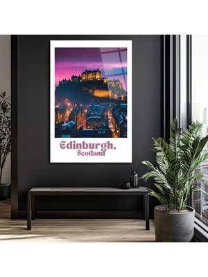 GLAZELLA Edinburgh Iskoçya Kalesi Gün Batımı Manzaralı Cam Tablo