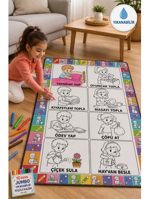 Nizal Home Eğitici Yıkanabilir Tekrar Boyanabilir Çocuk Odası Oyun Matı Boyama Halısı Boya Kalem Seti Hediye