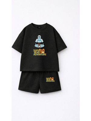 Fasardi Super Bear Adventure Süper Ayı Baskılı Oversize %100 Pamuk Tişört Şort 2li Çocuk Takım